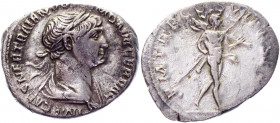 Roman Empire Denarius 101 - 102 AD, Trajan
RIC 52, C 228; Silver 2,98 g.; Obv: IMPCAESNERVATRAIANAVGGERM - Laureate head right. Rev: PMTRPCOSIIIIPP -...
