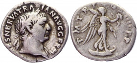 Roman Empire Denarius 101 - 102 AD, Trajan
RIC 59, C 241a; Silver 3,33 g.; Obv: IMPCAESNERVATRAIANAVGGERM - Laureate head right. Rev: PMTRPCOSIIIIPP ...