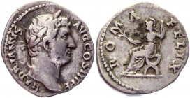 Roman Empire Denarius 117 - 138 AD, Hadrian
RIC 264; Silver 3,15 g.; Obv: HADRIANVS AVG COS III P P; laureate head right. Rev: ROMA FELIX; Roma seate...