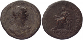 Roman Empire Sestertius 118 AD, Hadrian
RIC 550, BMC 1129, C 264; Copper 22,07 g.; Obv: IMPCAESARTRAIANVSHADRIANVSAVG - Laureate bust right. Rev: PON...