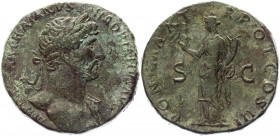 Roman Empire Sestertius 119 - 120 AD, Hadrian
RIC 563b, BMC 1153, C 1192; Copper 23,44 g.; Obv: IMPCAESARTRAIANVSHADRIANVSAVG - Laureate head right. ...