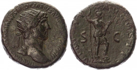 Roman Empire Dupondius 119 - 121 AD, Hadrian
RIC 605v; Copper 12,65 g.; Obv: IMPCAESARTRAIANVSHADRIANVSAVGPMTRPCOSIII - Radiate, draped bust right. R...
