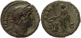 Roman Empire As 124 - 128 AD, Hadrian
RIC 678, BMC 1349, S 3692, C 1357; Copper 11,63 g.; Obv: HADRIANVSAVGVSTVS - Laureate head right. Rev: SALVSAVG...