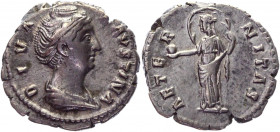 Roman Empire Denarius 148 - 161 AD, Faustina
RIC 351 (Antoninus Pius), S 4578, C 32; Silver 3,07 g.; Obv: DIVAFAVSTINA - Draped bust right. Rev: AETE...