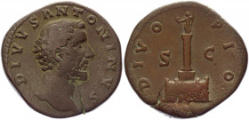 Roman Empire Sestertius 161 AD, Antoninus Pius
RIC 1269 (Marcus Aurelius), BMC 880 (Marcus Aurelius), C 354; Copper 22,70 g.; Obv: DIVVSANTONINVS - B...