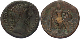 Roman Empire Sestertius 172 AD, Marcus Aurelius
RIC 1029, C 272; Copper 20,98 g.; Obv: MANTONINVSAVGTRPXXVI - Laureate head right. Rev: IMPVICOSIII -...