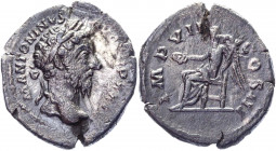 Roman Empire Denarius 175 AD, Marcus Aurelius
RIC 312; Silver 2,59 g.; Obv: MANTONINVSAVGTRPXXIX - Laureate head right. Rev: IMPVIICOSIII - Victory s...