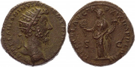 Roman Empire Dupondius 175 AD, Marcus Aureliuss
RIC 1149 (Marcus Aurelius), C 420; Copper 12,49 g.; Obv: MANTONINVSAVGGERMSARMTRPXXIX - Radiate head ...