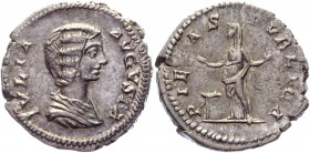 Roman Empire Denarius 199 - 207 AD, Julia Domna
RIC 574 (Septimius Severus), BMC 69 (Septimius Severus), S 6601, C 156; Silver 3,19 g.; Obv: IVLIAAVG...