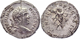 Roman Empire Denarius 205 - 207 AD, Caracalla
RIC 88, C 431; Silver 3,49 g.; Obv: ANTONINVSPIVSAVG - Laureate head right. Rev: PONTIFTRPXCOSII - Mars...