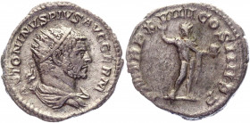 Roman Empire Antoninianus 216 AD, Caracalla
RIC 281a, C 358 ; Silver 4,20 g.; Obv: ANTONINVSPIVSAVGGERM - Radiate, draped bust right. Rev: PMTRPXVIII...
