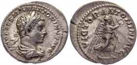 Roman Empire Denarius 218 AD, Elagabalus
RIC 156b, BMC 36, C 289a; Silver 2,78 g.; Obv: IMPCAESMAVRANTONINVSAVG - Laureate, draped bust right. Rev: V...