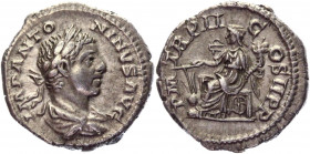 Roman Empire Denarius 219 AD, Elagabalus
RIC 19, S 7529; Silver 3,29 g.; Obv: IMPANTONINVSAVG - Laureate, draped bust right. Rev: PMTRPIICOSIIPP - Fo...