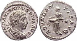 Roman Empire Denarius 222 AD, Elagabalus
RIC 56b, S 7501, C 1; Silver 2,88 g.; Obv: IMPANTONINVSPIVSAVG - Laureate, draped bust right. Rev: ABVNDANTI...