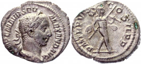 Roman Empire Denarius 227 AD, Severus Alexander
RIC 61, C 305; Silver 3,09 g.; Obv: IMPCMAVRSEVALEXANDAVG - Laureate, draped bust right. Rev: PMTRPVI...
