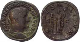 Roman Empire Sestertius 235 AD, Maximinus I
RIC 43, C 10; Copper 26,30 g.; Obv: IMPMAXIMINVSPIVSAVG - Laureate, draped and cuirassed bust right. Rev:...