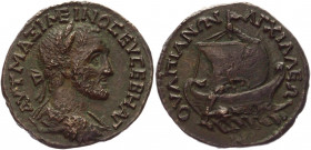 Roman Empire Anchialus AE 235 - 238 AD Thrace Maximinus I
AMNG II 593; Mouchmov 2904; Varbanov 555; Copper 9,50g.; Obv: AVT MAΞIMEINOC EVCEBH AVT, La...