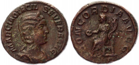 Roman Empire As 244 - 249 AD, Otacilia Severa
RIC 203a (Philip I), C 10; Copper 10.49 g.; Obv: MARCIAOTACILSEVERAAVG - Diademed, draped bust right. R...