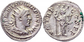 Roman Empire Antoninianus 244 - 249 AD, Philip I
RIC 3, C 124; Silver 4,79 g.; Obv: IMPMIVLPHILIPPVSAVG - Radiate, draped and cuirassed bust right. R...