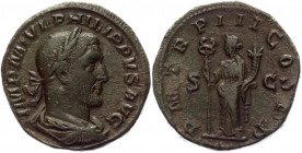 Roman Empire Sestertius 246 AD, Philippe Arab
RIC 149a, C 123; Copper 20,00 g.; Obv: IMPMIVLPHILIPPVSAVG - Laureate, draped bust right. Rev: PMTRPIII...