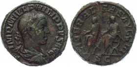 Roman Empire Sestertius 247 - 249 AD, Philip II
RIC 230v (Philip I); Copper 20,20 g.; Obv: IMPMIVLPHILIPPVSAVG - Laureate, draped bust right. Rev: LI...