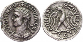 Roman Empire Tetradrachm 249 AD, Philippe Arab
Billon 12,98 g.; Obv: AVTOK K M IOYΛI ΦIΛIΠΠOC CEB. Laureate and cuirassed bust to left with aegis, se...
