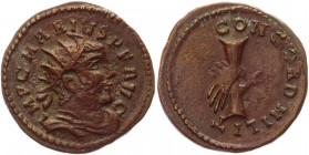 Roman Empire Antonianus 269 AD, Marius
RIC 7, C 4; Copper 2,99 g.; Obv: IMPCMARIVSPFAVG - Radiate, draped and cuirassed bust right. Rev: CONCORDIAMIL...