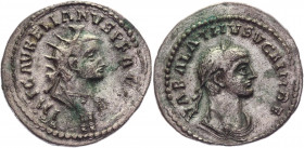 Roman Empire Antoninianus 271 - 272 AD, Vabalathus
RIC 381 (Aurelian), C 1; Billon 4,20 g.; Obv: VABALATHVSVCRIMDR - Vabalathus laureate bust right. ...