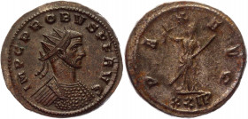 Roman Empire Antonianus 279 AD, Probus
RIC 547f, C 399; Copper 4,20 g.; Obv: IMPCPROBVSAVG - Radiate, cuirassed bust right. Rev: PAXAVG Exe: XXI - Pa...