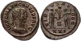Roman Empire Antoninianus 282 - 283 AD, Carus
RIC 124c, C 116; Silvered Copper 4,13 g.; Obv: IMPCMAVRCARVSPFAVG - Radiate, draped and cuirassed bust ...