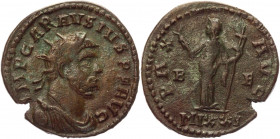 Roman Empire Antonianus 286 - 293 AD, Carausius
RIC 881; Copper 4,40 g.; Obv: IMPCARAVSIVSPFAVG - Radiate, draped and cuirassed bust right. Rev: PAXA...
