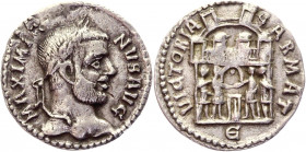 Roman Empire Argenteus 294 AD, Maximian
RIC 12; Silver 2,98 g.; Obv: MAXIMIANVSAVG - Laureate head right. Rev: VICTORIASARMAT - The Four Tetrarchs sa...