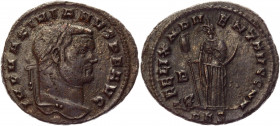 Roman Empire Follis 297 - 298 AD, Maximianus
RIC VI Carthage 25b; Copper 8,27 g.; Obv: IMP MAXIMIANVS P F AVG; laureate head right. Rev: FELIX ADVENT...