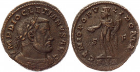 Roman Empire Follis 300 - 301 AD, Diolcletian
RIC 23; Copper 9,54 g.; Obv: IMPCDIOCLETIANVSPFAVG - Laureate head right. Rev: GENIOPOPVLIROMANI.