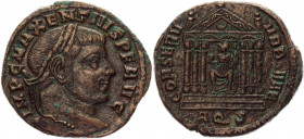 Roman Empire Follis 307 AD, Maxentius
RIC 113 (Aquileia); Copper 6,70 g.; Obv: IMPCMAXENTIVSPFAVG - Laureate head right. Rev: CONSERVVRBSVAE Exe: AQ ...