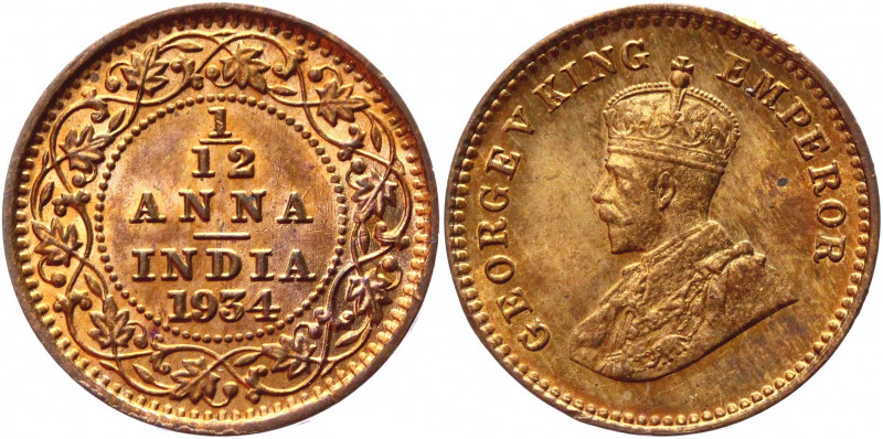 British India 1/12 Anna 1934
KM# 509; Bronze 1.61g.; UNC