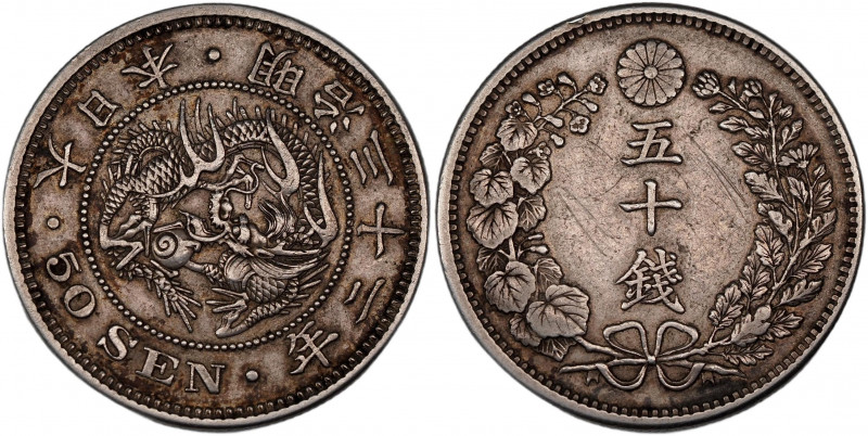 Japan 50 Sen 1899 (32)
Y# 25; Silver 13,4 g.; Mutsuhito; XF