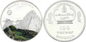 Mongolia 100 Tugrik 2008
KM# 317.1; Copper-Nickel, Colour Proof; World Famous Architecture Series, Machu Piccu