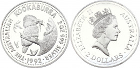 Australia 2 Dollars 1992
KM# 227; Silver (.999) 62.62g 49.83mm; Proof; Australian Kookaburra