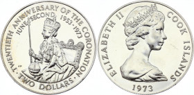 Cook Islands 2 Dollars 1973
KM# 8; Silver; 20th Anniversary of the Coronation of Queen Elizabeth II