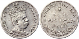 Eritrea 1 Lire 1891 Italian Colony
Gig. n. 6; Mont. n. 85; Pag. n. 635; Silver 4,9g; Roma; Regno d'Italia-Umberto I (1878-1900); Colonie - Eritrea - ...