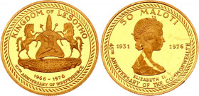 Lesotho 50 Maloti 1976
KM# 15; Gold (.900) 4,50g.; Moshoeshoe II; 10th Anniversary of Independence; Mintage 1,910; Proof