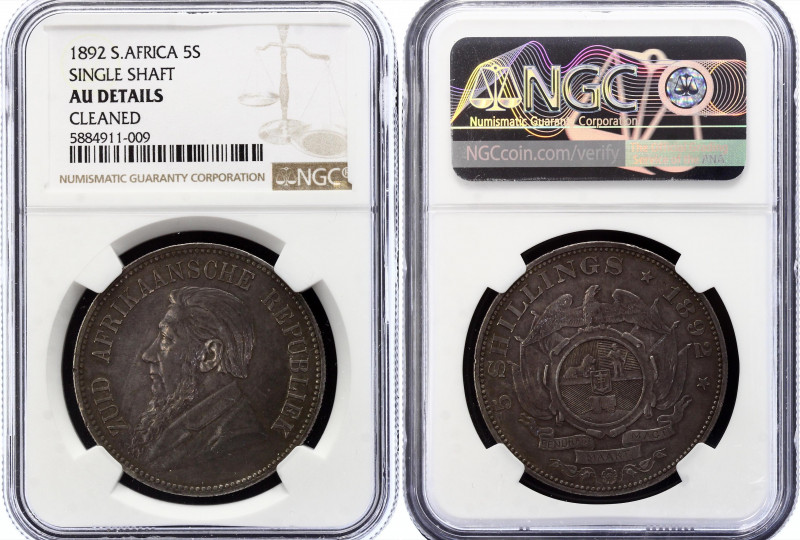 South Africa 5 Shillings 1892 NGC AU
KM# 8.1, Single shaft; Silver; Zuid Afrika...