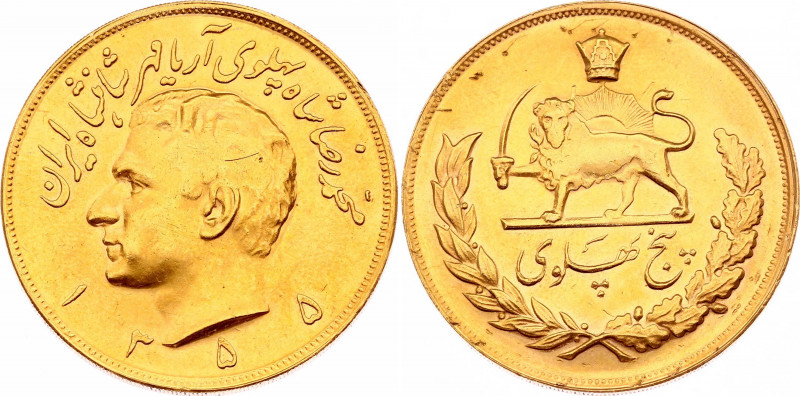 Iran 5 Pahlavi 1976 AH 1355
KM# 1202; Gold (.900) 40.68g; Muhammad Reza Pahlavi...