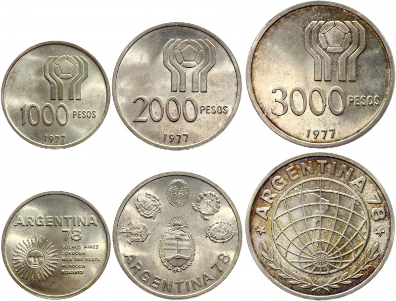 Argentina 1000 - 2000 - 3000 Pesos 1977
KM# 78 - 79 - 80; Silver; World Soccer ...