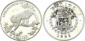 Belize 10 Dollars 1995
KM# 125; Silver (0.925) 28.28g; Proof; Endangered Wildlife Series, Howler Monkey on Branch