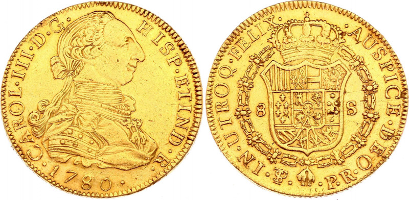 Bolivia 8 Escudos 1780 PTS PR
KM# 59; Gold (.904) 27,07g.; Charles III; VF-XF
