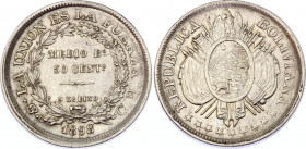 Bolivia 50 Centavos 1898 PTS CB
KM# 161.5; Silver; UNC- Nice deep strike