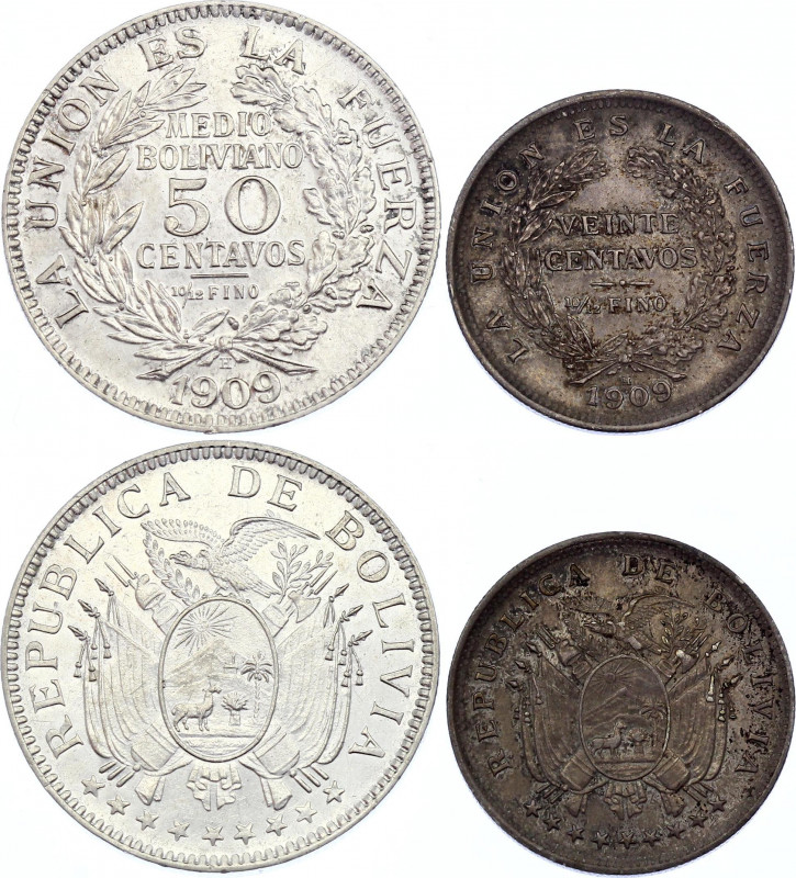 Bolivia 20 & 50 Centavos 1909 H
KM# 176, 177; Silver