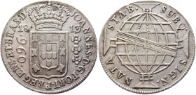 Brazil 960 Reis 1813 R
KM# 307.3; LMB-423A; Bentes-335.08; Silver 26.73 g; Rio de Janeiro mint; Brazil João Prince Regent 960 Reis / 8 Real 1813-R AU...